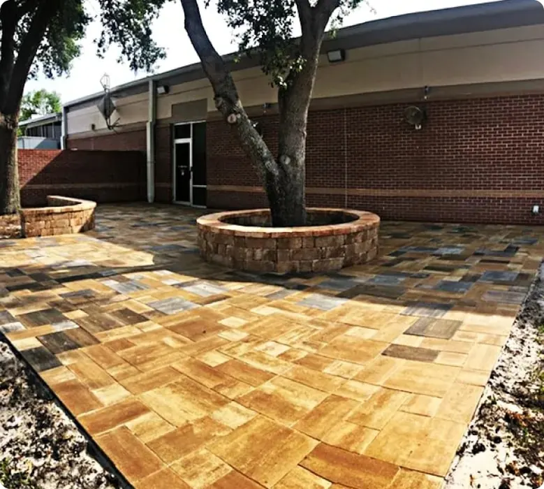 Tan paver patio built around a tree ring planter